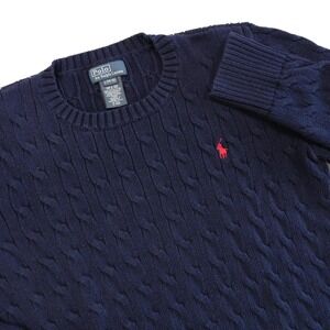 POLO RALPH LAUREN Boy's Size L (14-16) Navy Blue Cable Knit Crewneck Sweater